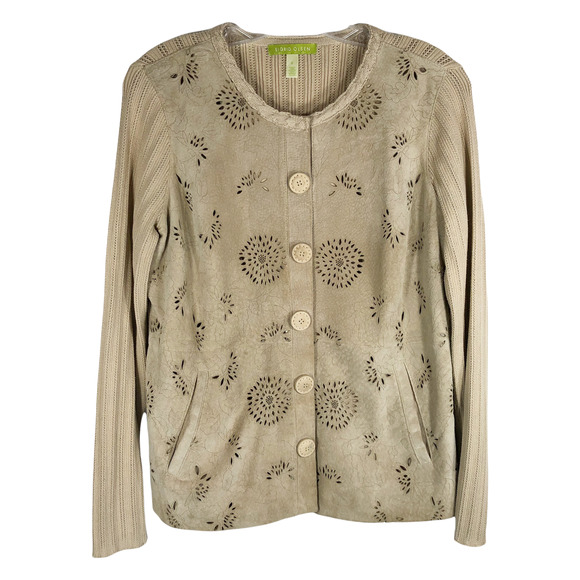Sigrid Olsen Small Sweater Leather Front Knit Back Long Sleeves Tan‎ Buttons 323 - Picture 1 of 5